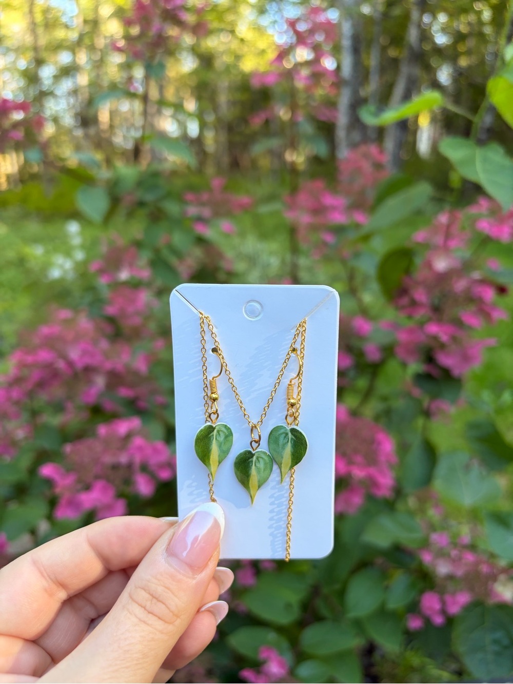 Gold-Plated Green Heart Leaf Necklace and Earring Set